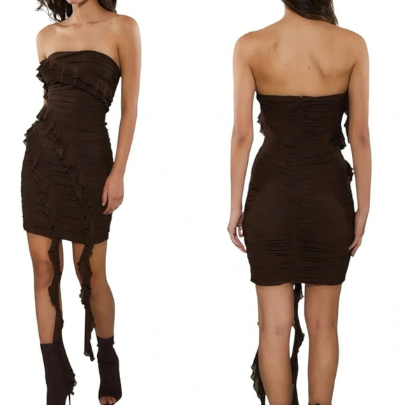 Rare London Ruched Mesh Bodycon Mini Dress Brown Size 8 NWT - Picture 1 of 10